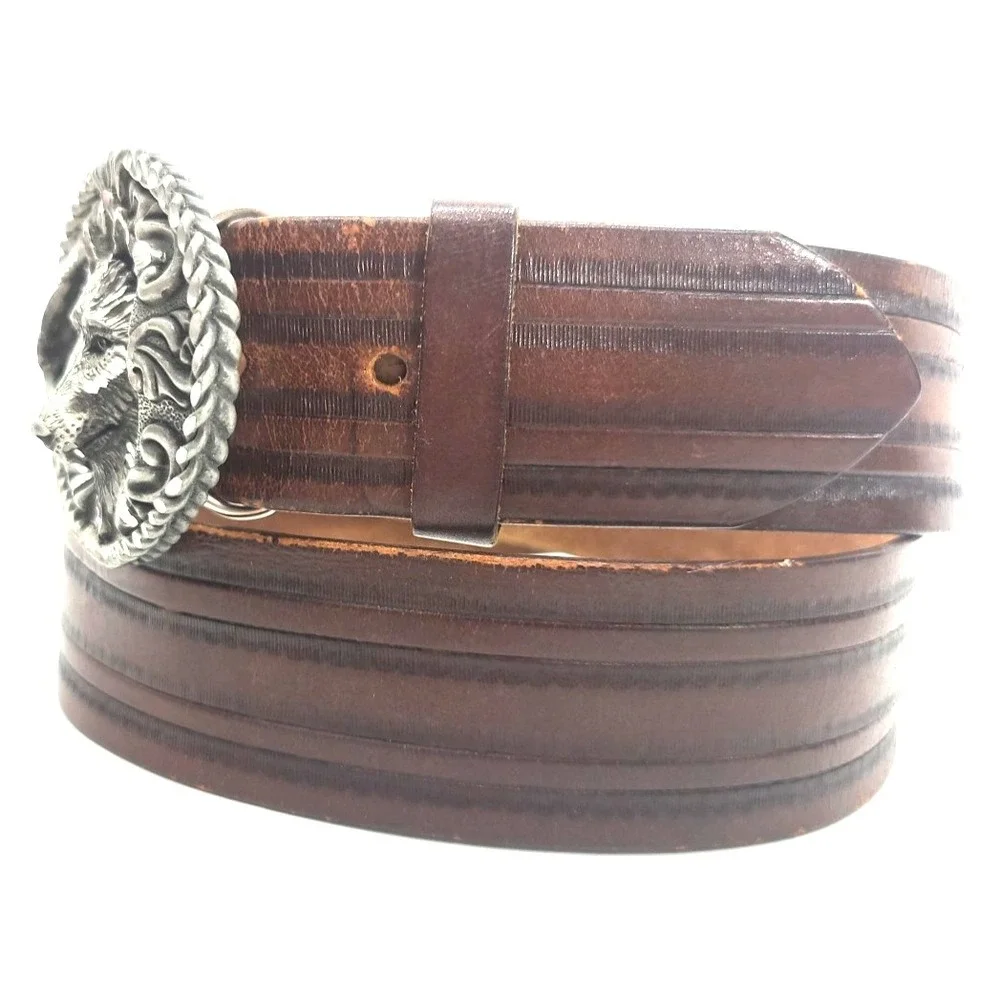 Browning Mens Belt Genuine‎ Full Grain Leather sz 38 With Wolf Head Buckle